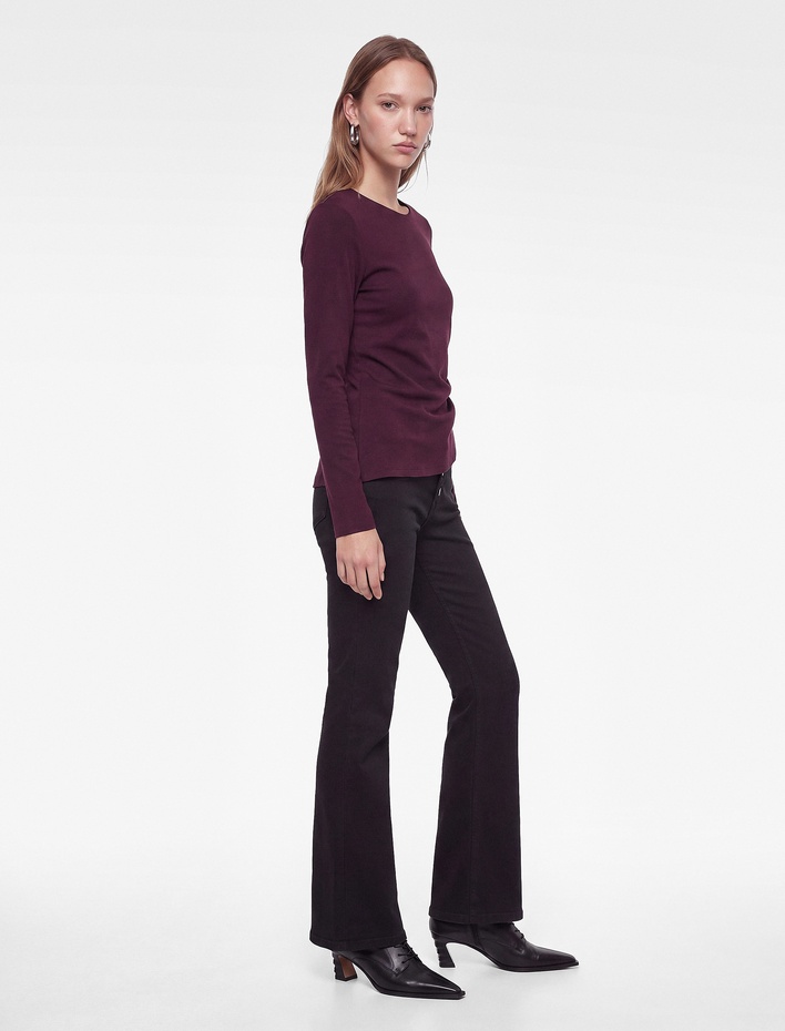  Büzgülü Slim Fit Bisiklet Yaka Asimetrik Uzun Kollu Bluz
