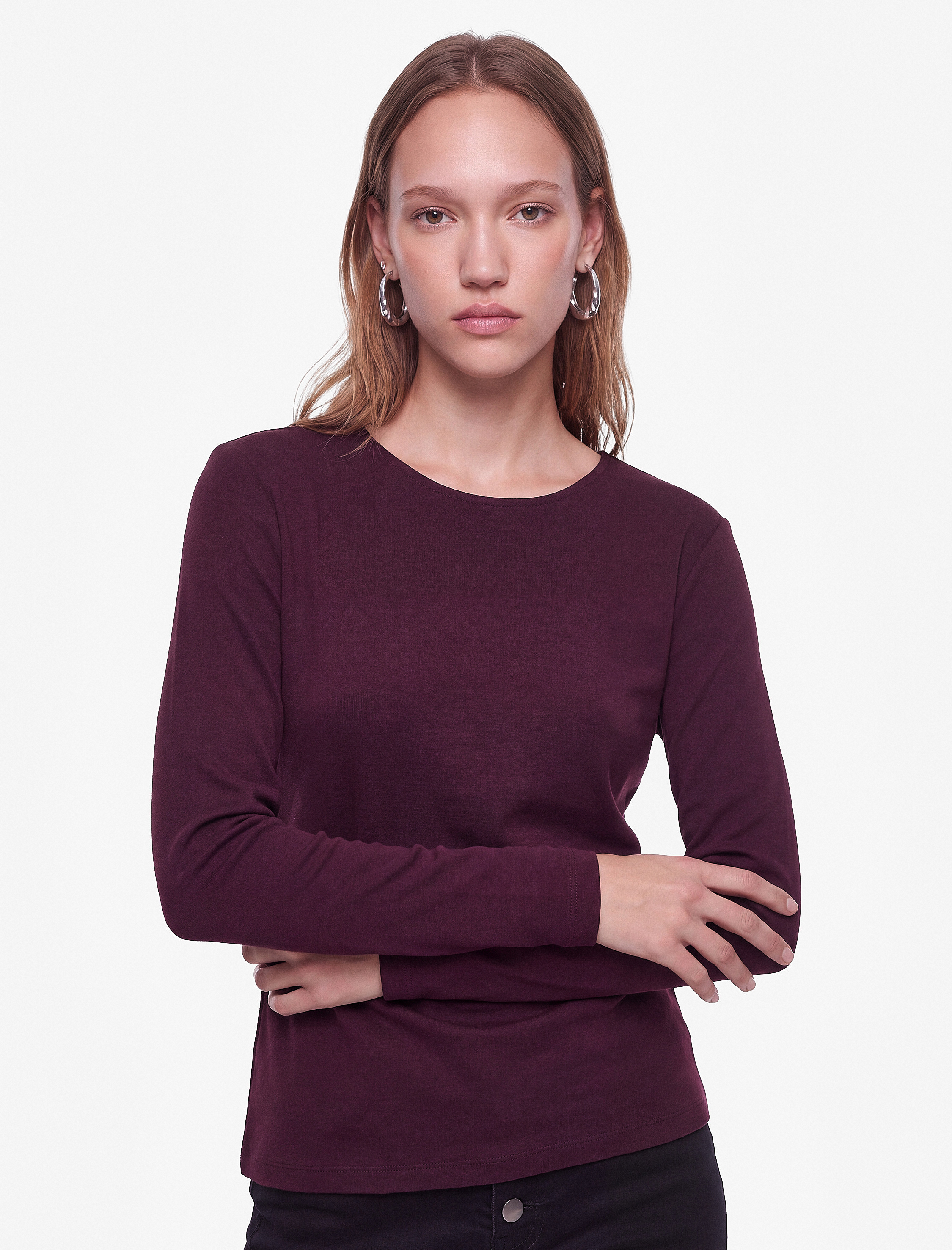   Büzgülü Slim Fit Bisiklet Yaka Asimetrik Uzun Kollu Bluz