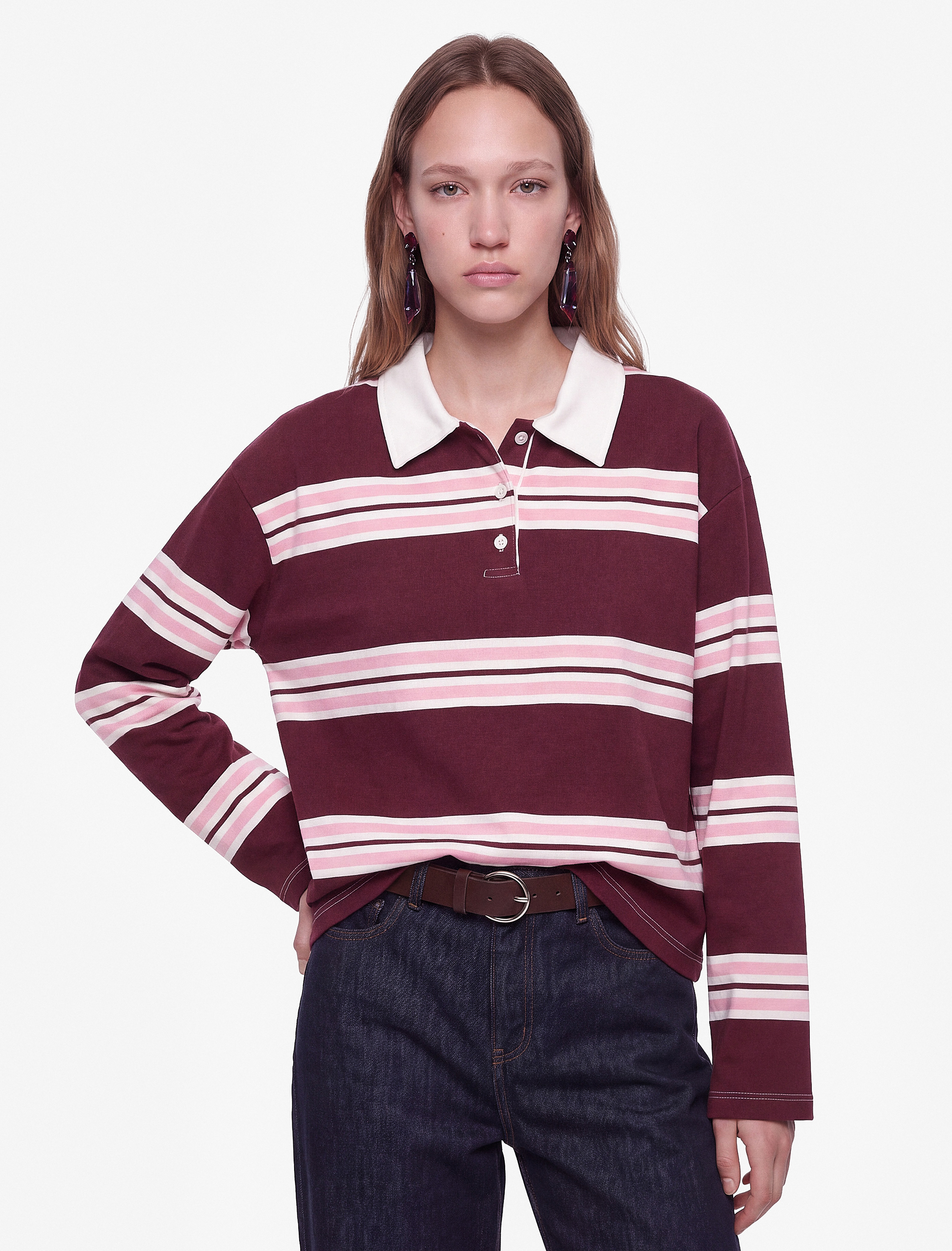   Şardonlu Rahat Kalıp Uzun Kollu Düğmeli Çizgili Polo Yaka Sweatshirt
