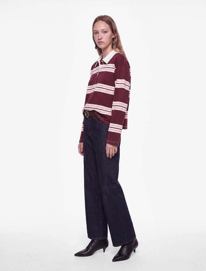  Şardonlu Rahat Kalıp Uzun Kollu Düğmeli Çizgili Polo Yaka Sweatshirt