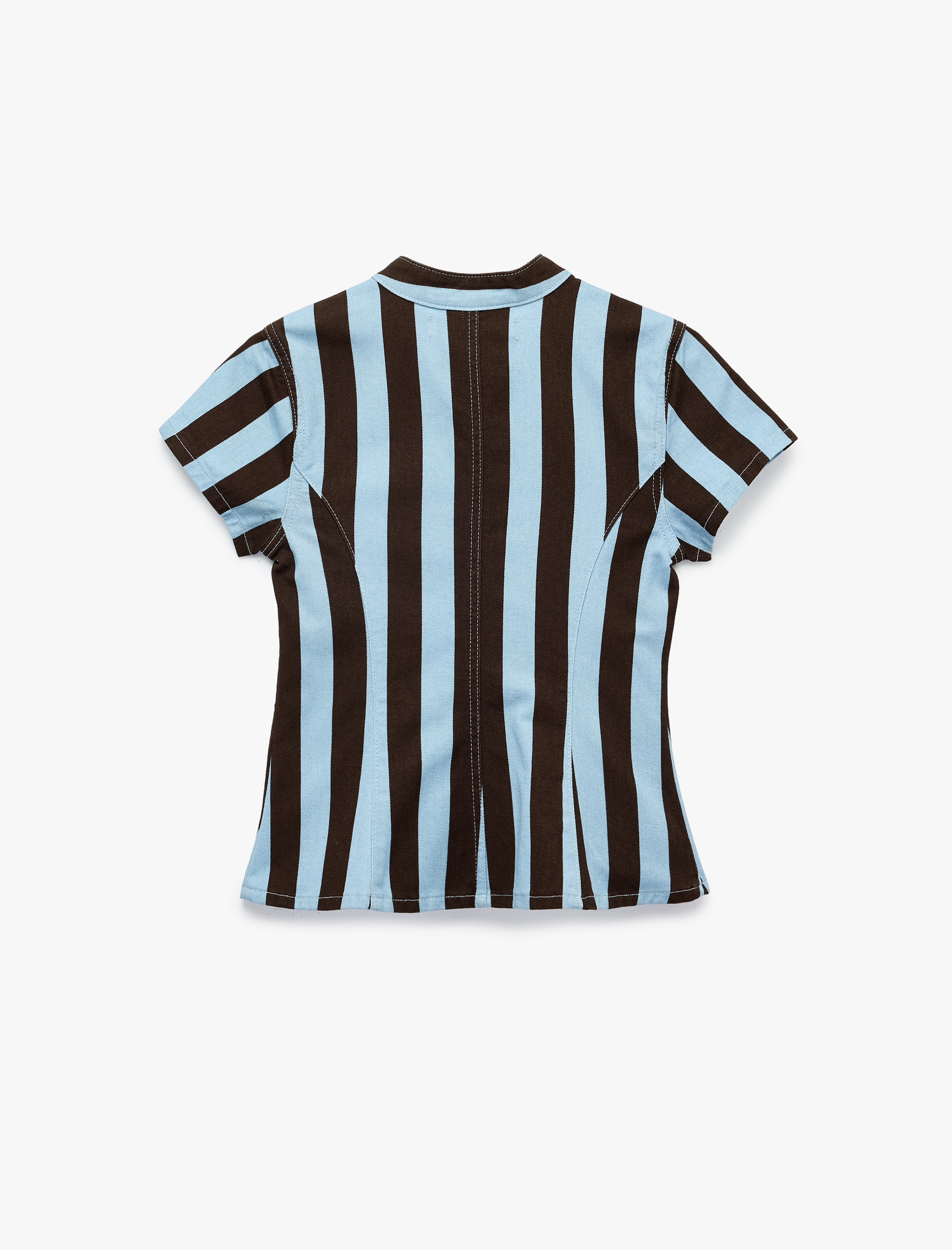   Kısa Kollu Süslü Düğmeli Qipao Yaka Çizgili Denim Bluz