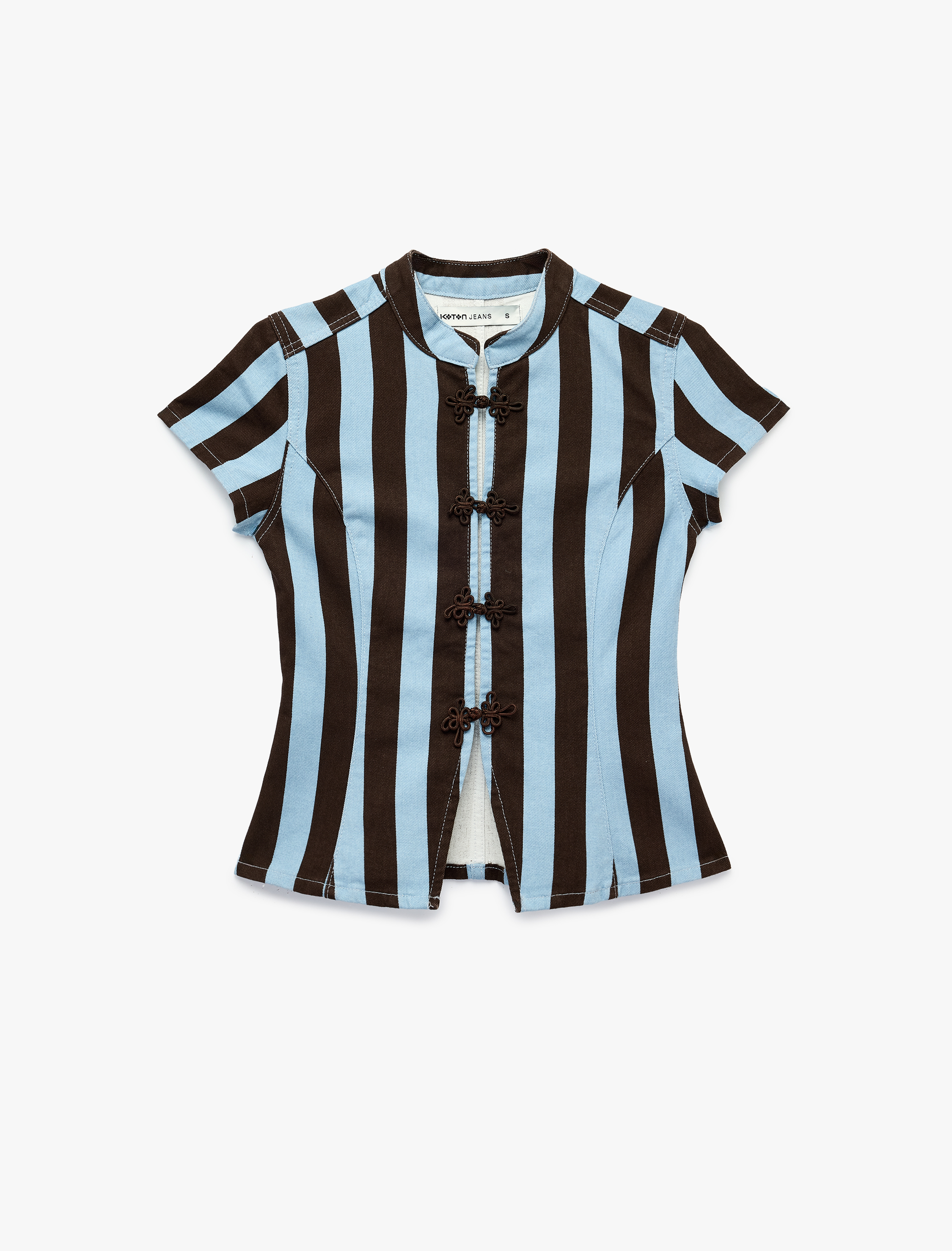   Kısa Kollu Süslü Düğmeli Qipao Yaka Çizgili Denim Bluz