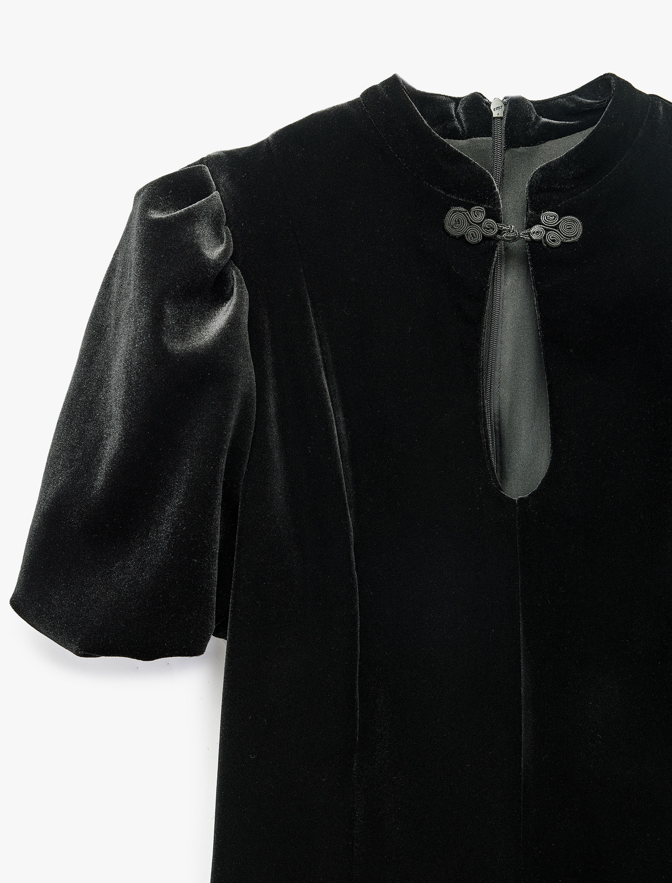  Mandarin Düğme Detaylı Qipao Yaka Slim Fit Kadife Kısa Balon Kollu Elbise