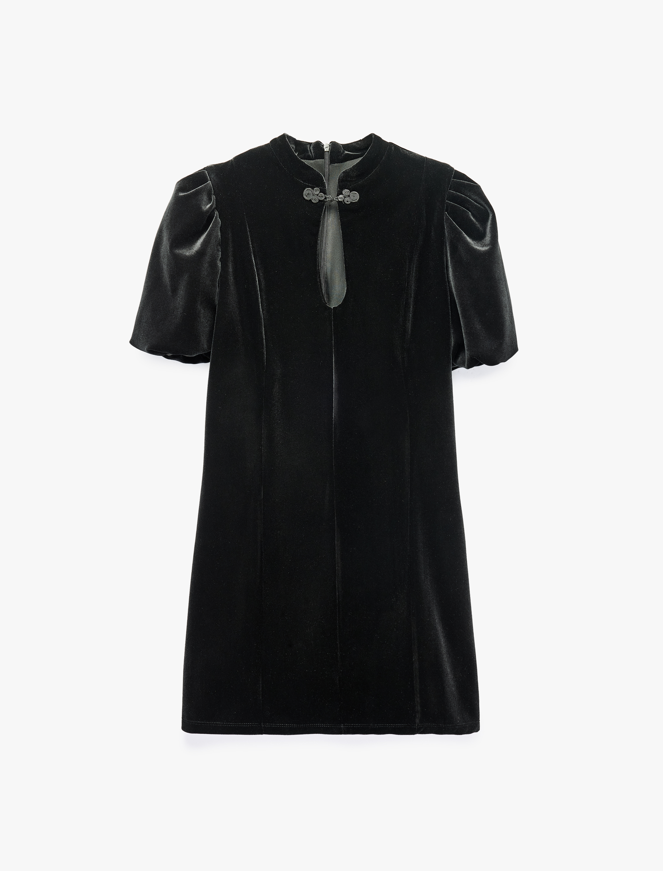   Mandarin Düğme Detaylı Qipao Yaka Slim Fit Kadife Kısa Balon Kollu Elbise
