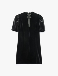 Mandarin Düğme Detaylı Qipao Yaka Slim Fit Kadife Kısa Balon Kollu Elbise