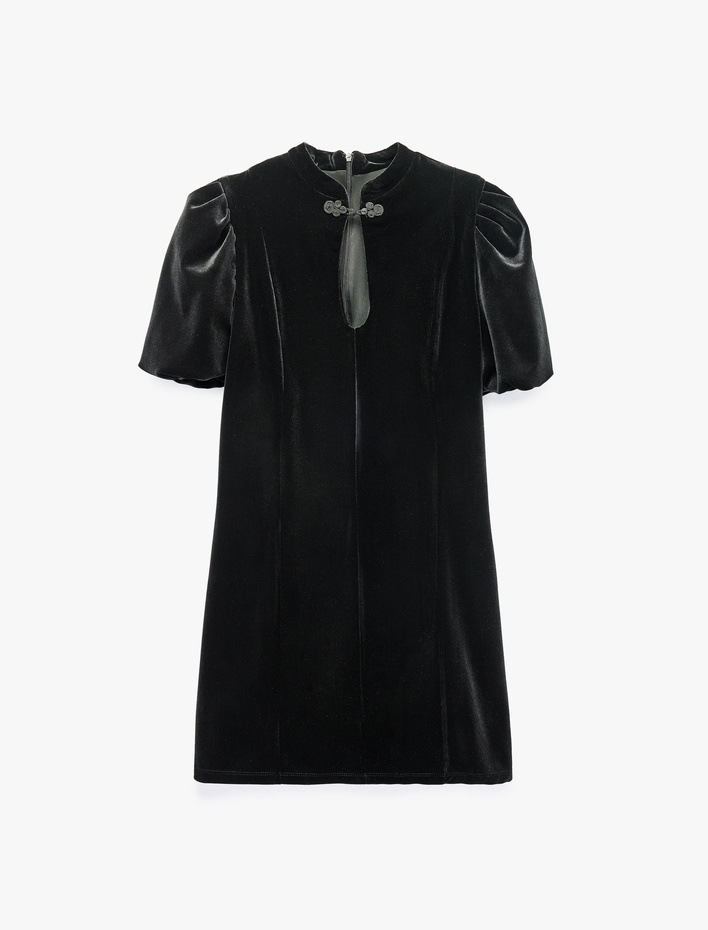  Mandarin Düğme Detaylı Qipao Yaka Slim Fit Kadife Kısa Balon Kollu Elbise