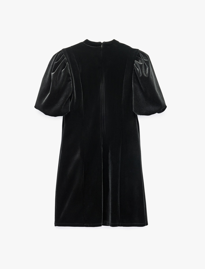  Mandarin Düğme Detaylı Qipao Yaka Slim Fit Kadife Kısa Balon Kollu Elbise