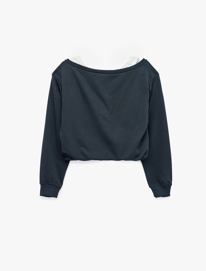  Şardonlu Rahat Kalıp Bisiklet Yaka Uzun Kollu Katmanlı Baskılı Sweatshirt