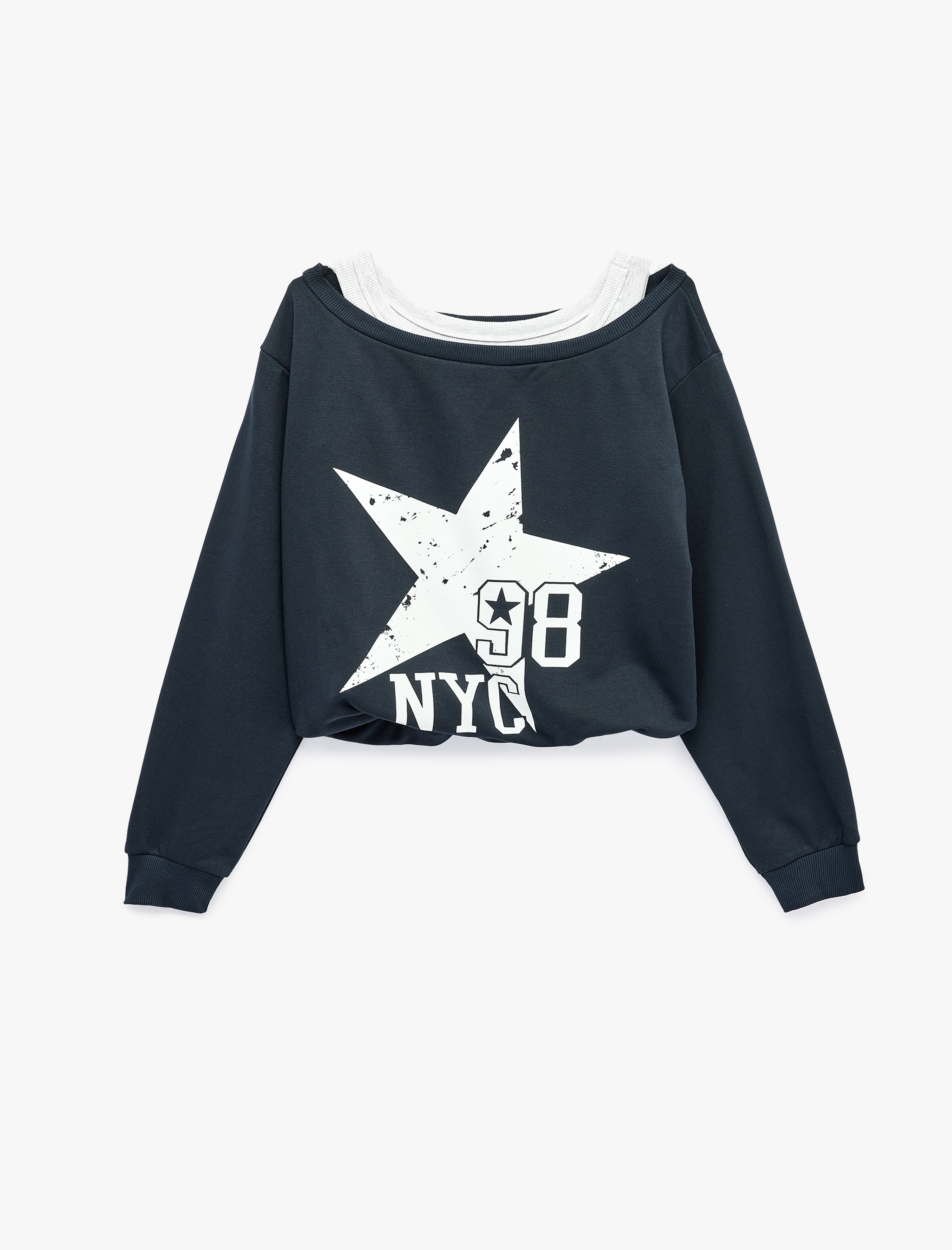   Şardonlu Rahat Kalıp Bisiklet Yaka Uzun Kollu Katmanlı Baskılı Sweatshirt