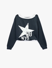 Şardonlu Rahat Kalıp Bisiklet Yaka Uzun Kollu Katmanlı Baskılı Sweatshirt
