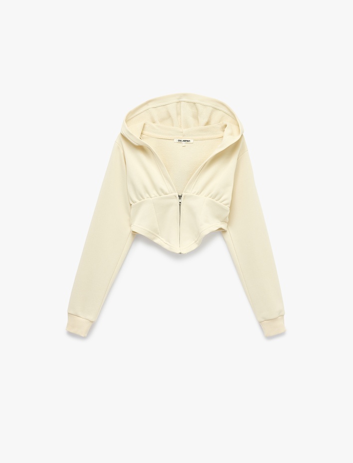 Slim Fit Fermuarlı Kapüşonlu Uzun Kollu Korse Detaylı Sweatshirt