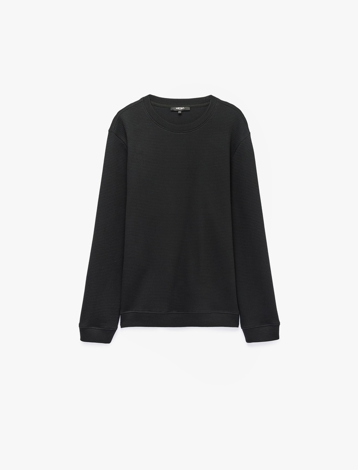  Pamuklu Uzun Kollu Dokulu Basic Bisiklet Yaka Sweatshirt