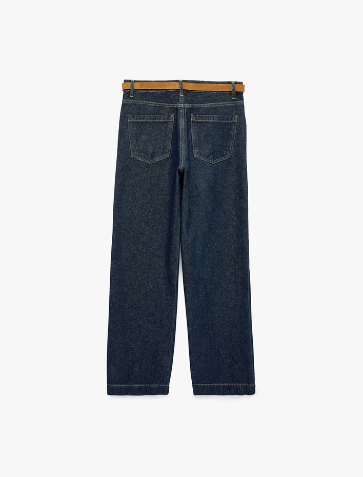  Kemerli Pamuklu Duble Paça Straight Denim Pantolon - Straight Fit Jean