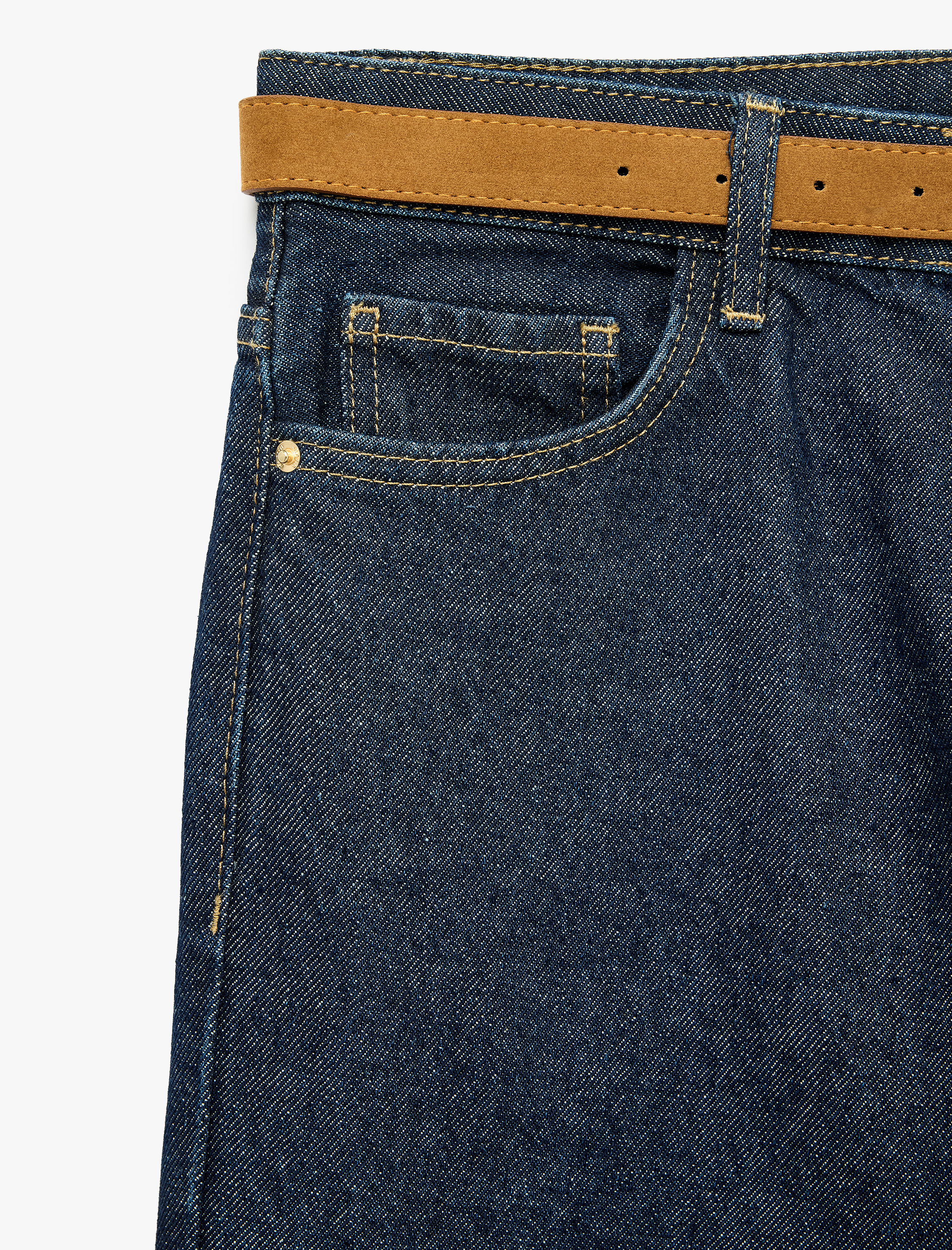   Kemerli Pamuklu Duble Paça Straight Denim Pantolon - Straight Fit Jean