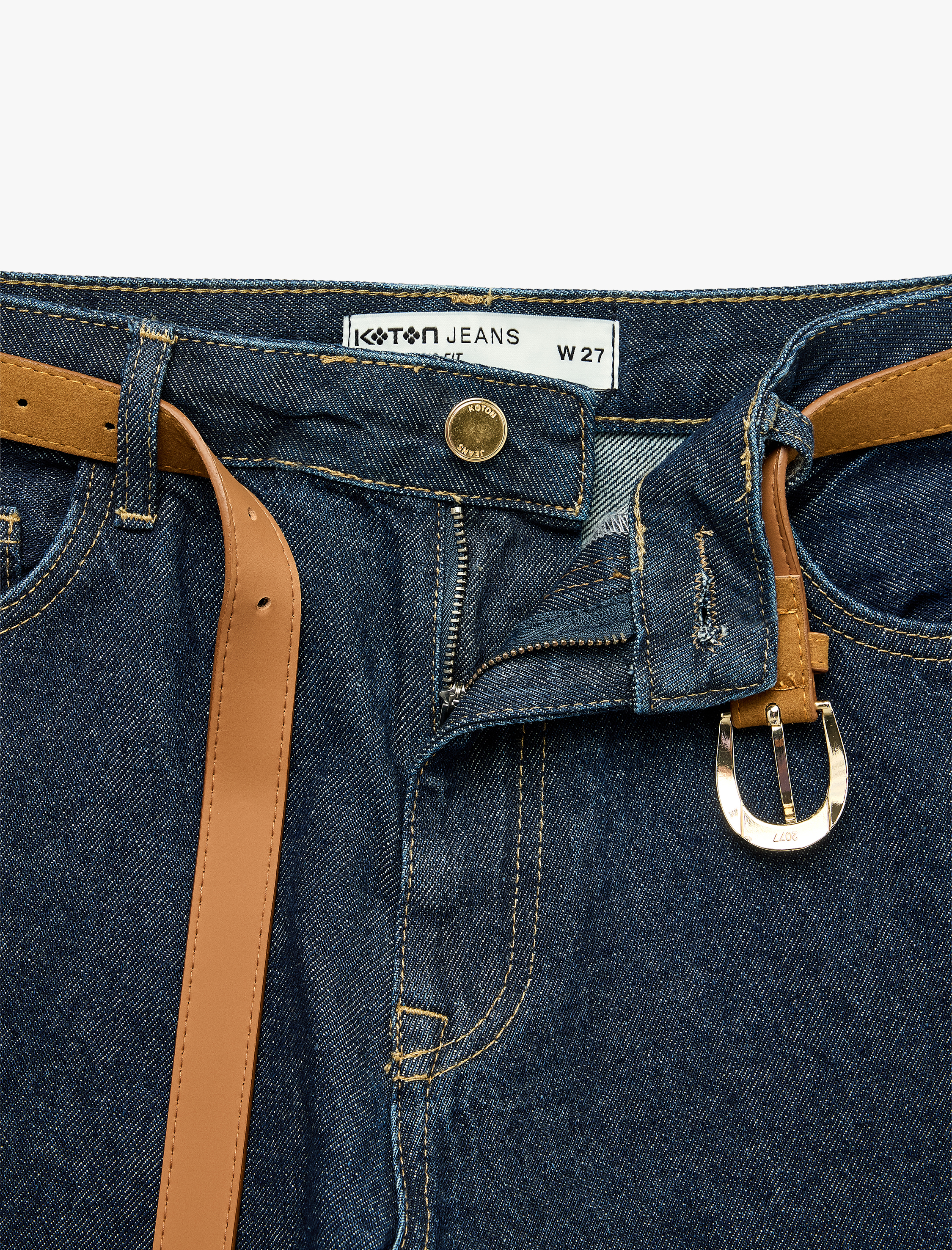  Kemerli Pamuklu Duble Paça Straight Denim Pantolon - Straight Fit Jean