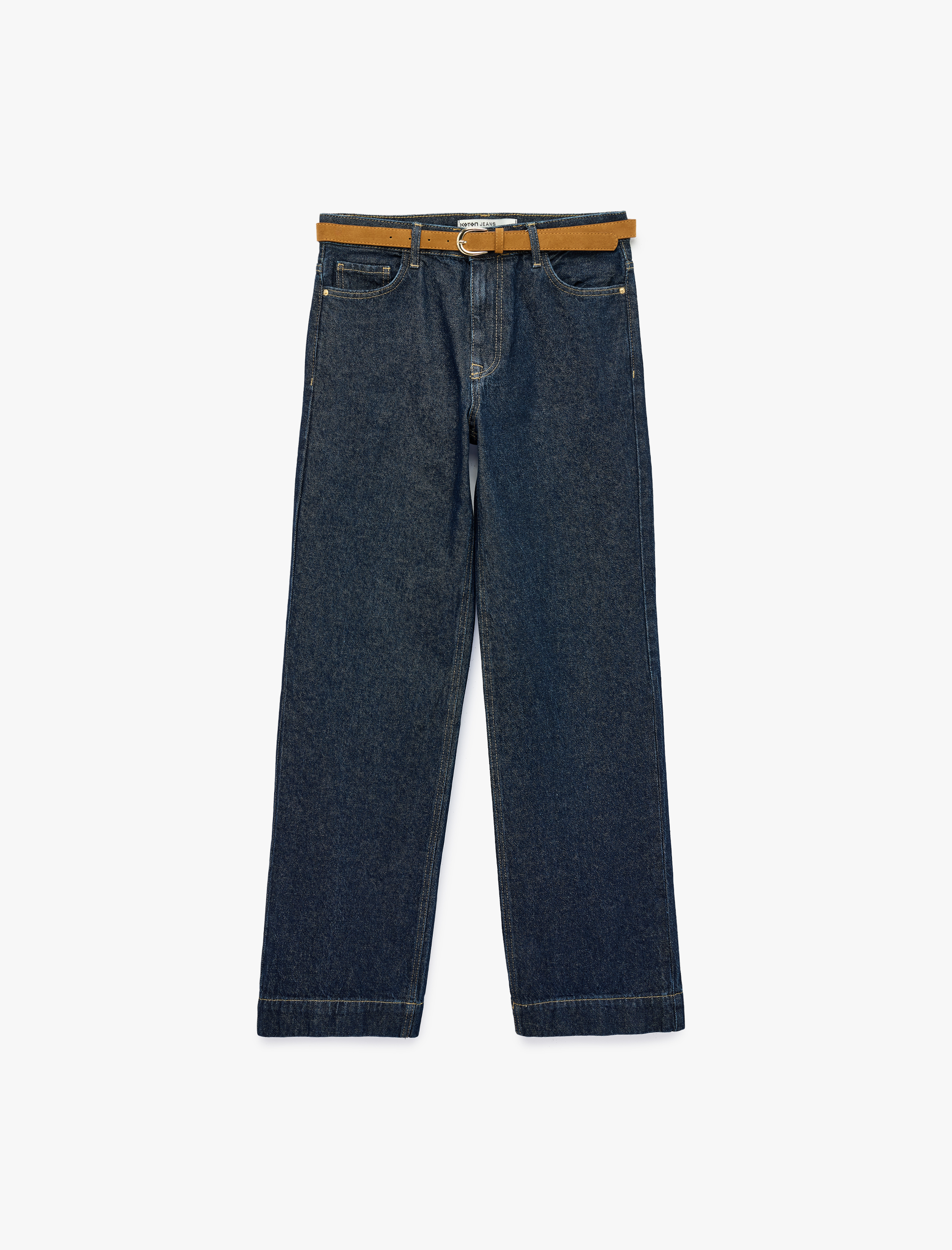   Kemerli Pamuklu Duble Paça Straight Denim Pantolon - Straight Fit Jean