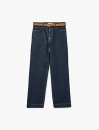 Kemerli Pamuklu Duble Paça Straight Denim Pantolon - Straight Fit Jean