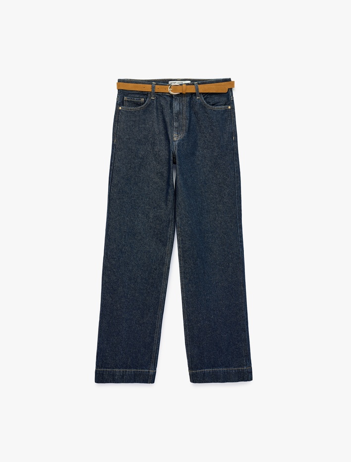  Kemerli Pamuklu Duble Paça Straight Denim Pantolon - Straight Fit Jean