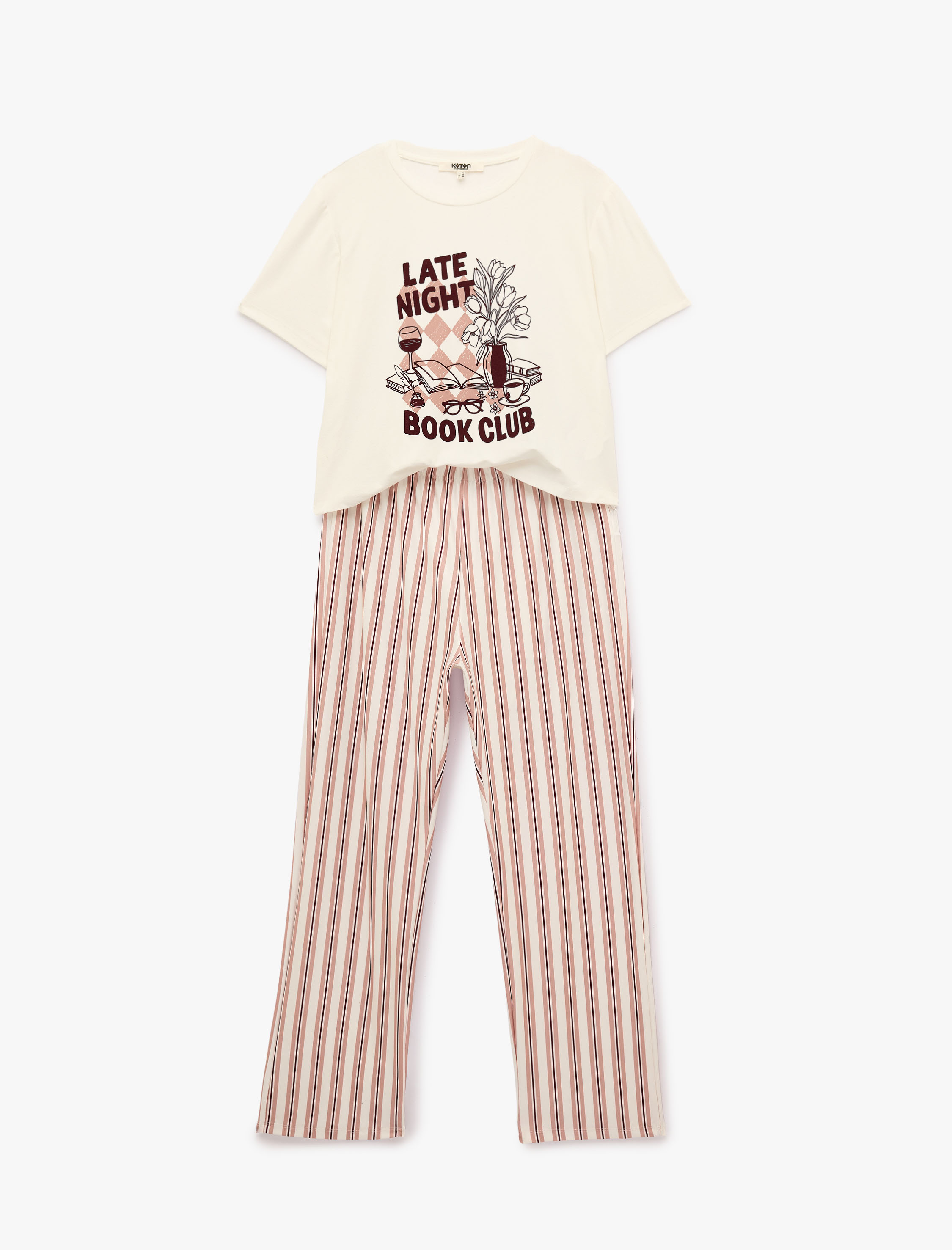   Rahat Kesim Bisiklet Yaka Kısa Kollu Çizgili Pijama Takımı