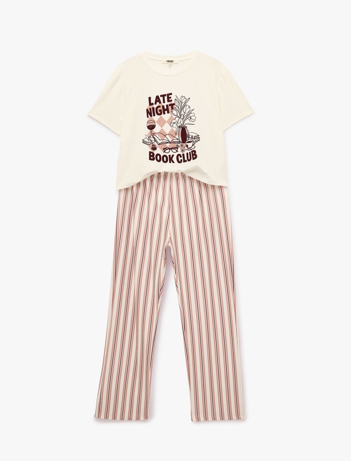 Rahat Kesim Bisiklet Yaka Kısa Kollu Çizgili Pijama Takımı