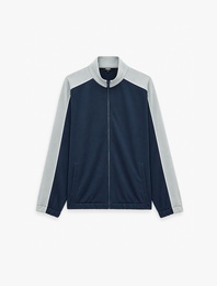 Uzun Kollu Renk Kontrastlı Cepli Dik Yaka Fermuarlı Spor Sweatshirt
