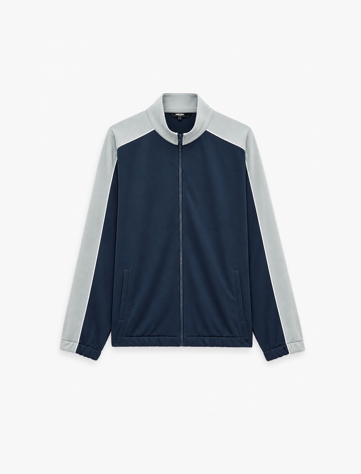  Uzun Kollu Renk Kontrastlı Cepli Dik Yaka Fermuarlı Spor Sweatshirt