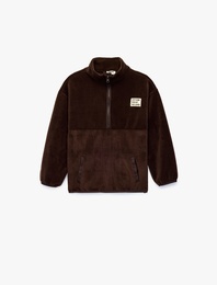 Cepli Dik Yaka Uzun Kollu Yarım Fermuarlı Polar Sweatshirt