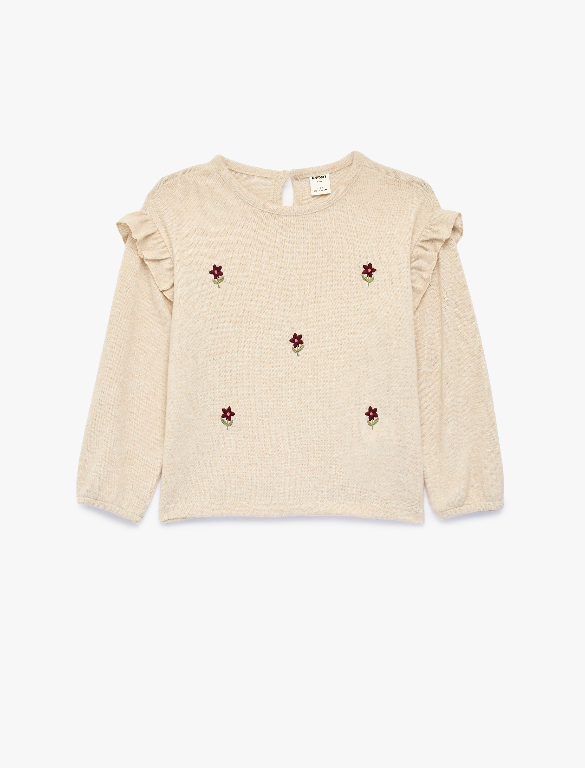  Kız Bebek Çiçek Nakışlı Uzun Kollu Bisiklet Yaka Fırfırlı Sweatshirt