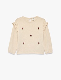 Çiçek Nakışlı Uzun Kollu Bisiklet Yaka Fırfırlı Sweatshirt