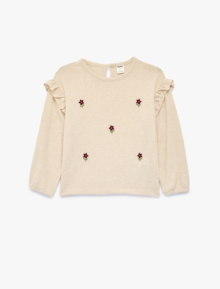 Kız Bebek Çiçek Nakışlı Uzun Kollu Bisiklet Yaka Fırfırlı Sweatshirt