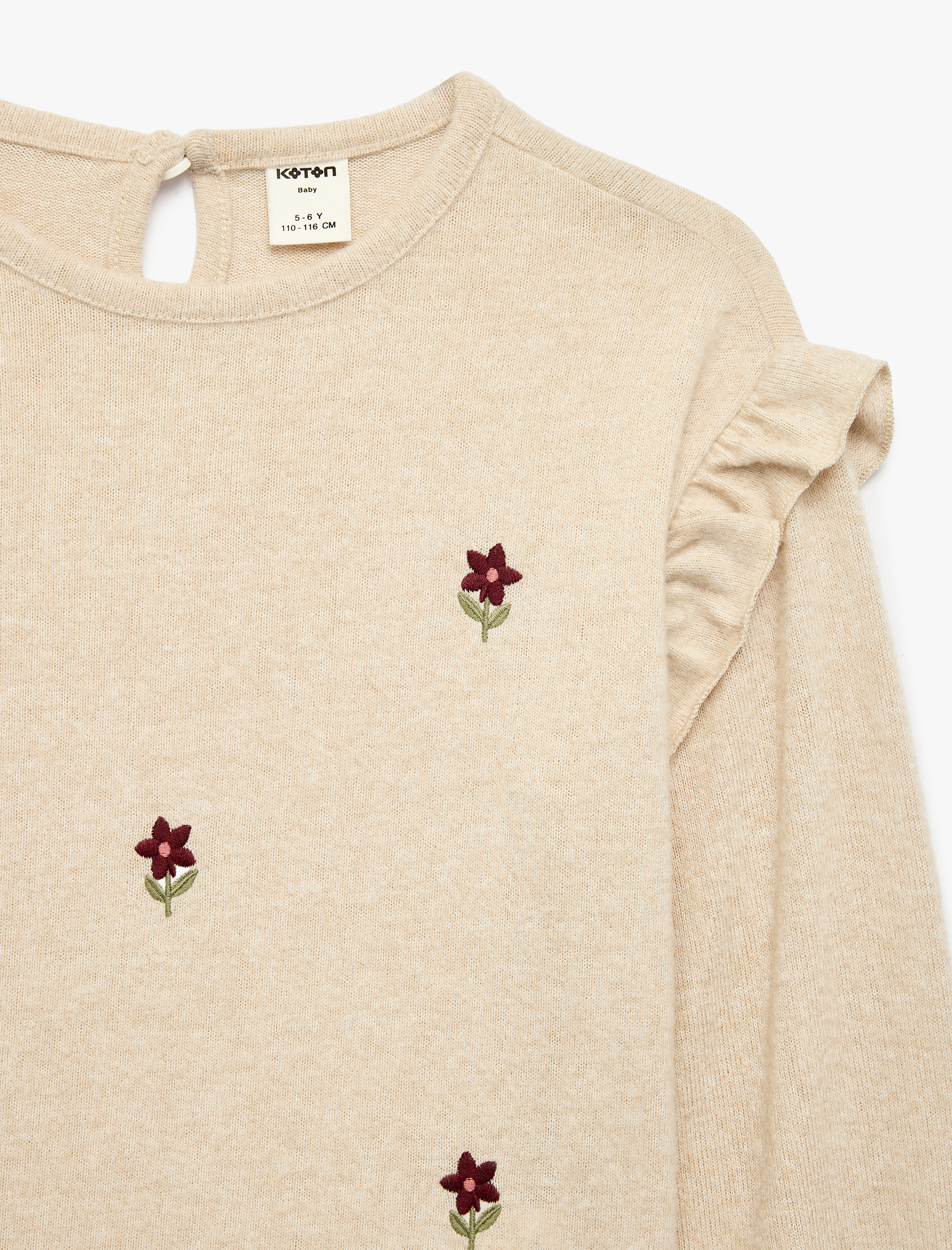  Kız Bebek Çiçek Nakışlı Uzun Kollu Bisiklet Yaka Fırfırlı Sweatshirt