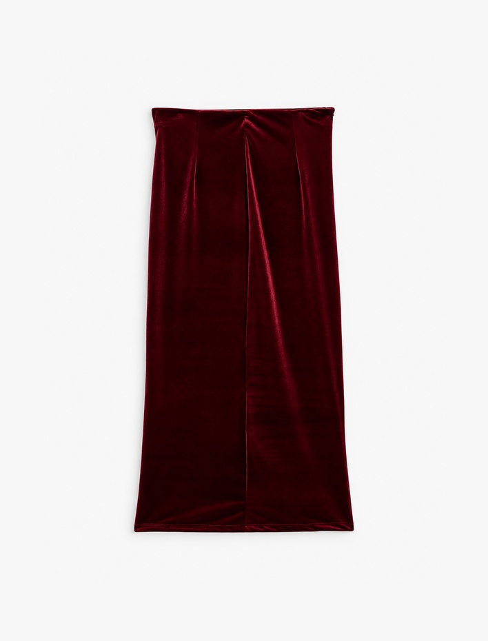  Slim Fit Aksesuarlı Yırtmaçlı Kruvaze Kadife Anvelop Midi Etek