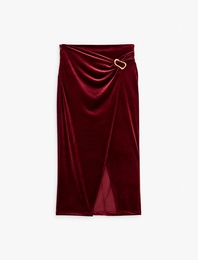 Slim Fit Aksesuarlı Yırtmaçlı Kruvaze Kadife Anvelop Midi Etek