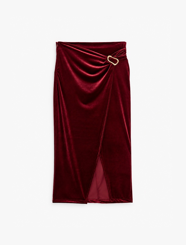  Slim Fit Aksesuarlı Yırtmaçlı Kruvaze Kadife Anvelop Midi Etek