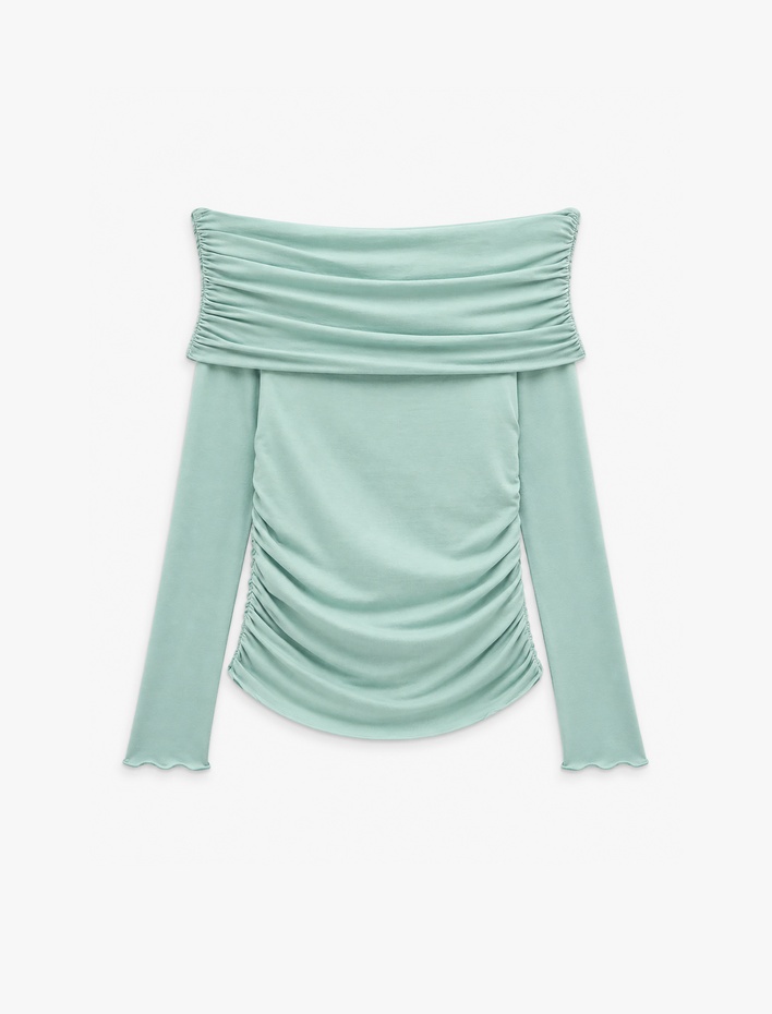  Slim Fit Drapeli Uzun Kollu Yün Karışımlı Omzu Açık Bluz
