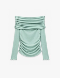 Slim Fit Drapeli Uzun Kollu Yün Karışımlı Omzu Açık Bluz