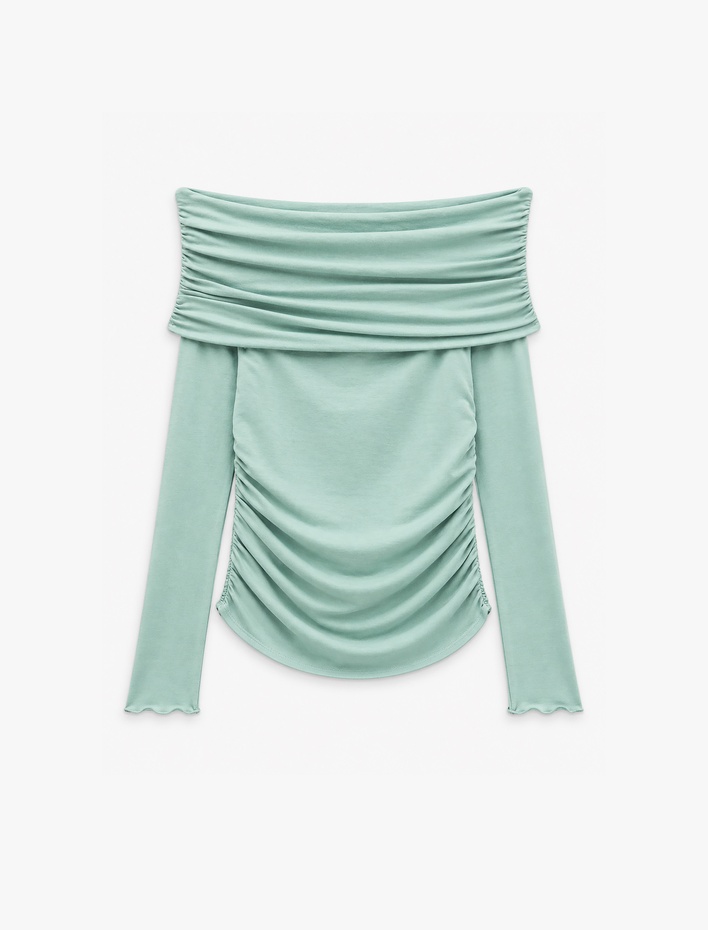  Slim Fit Drapeli Uzun Kollu Yün Karışımlı Omzu Açık Bluz
