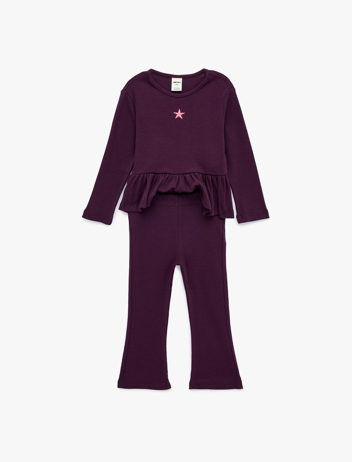 Kız Bebek Fırfırlı Nakışlı Uzun Kollu Bisiklet Yaka 2'li Set