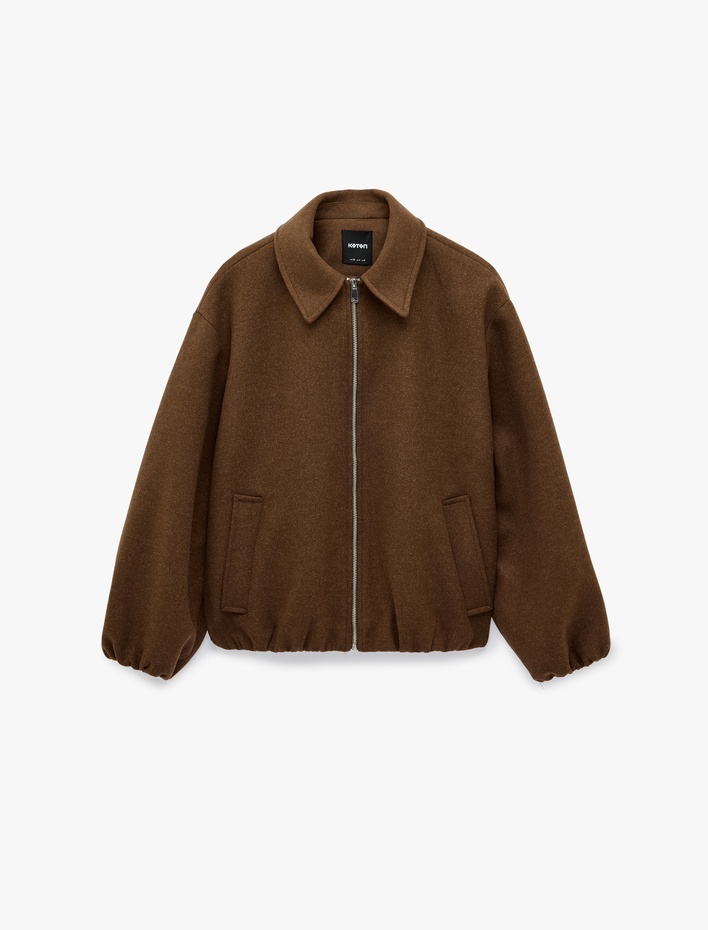  Regular Fit Fermuarlı Cepli Uzun Kollu Kaşe Bomber Ceket