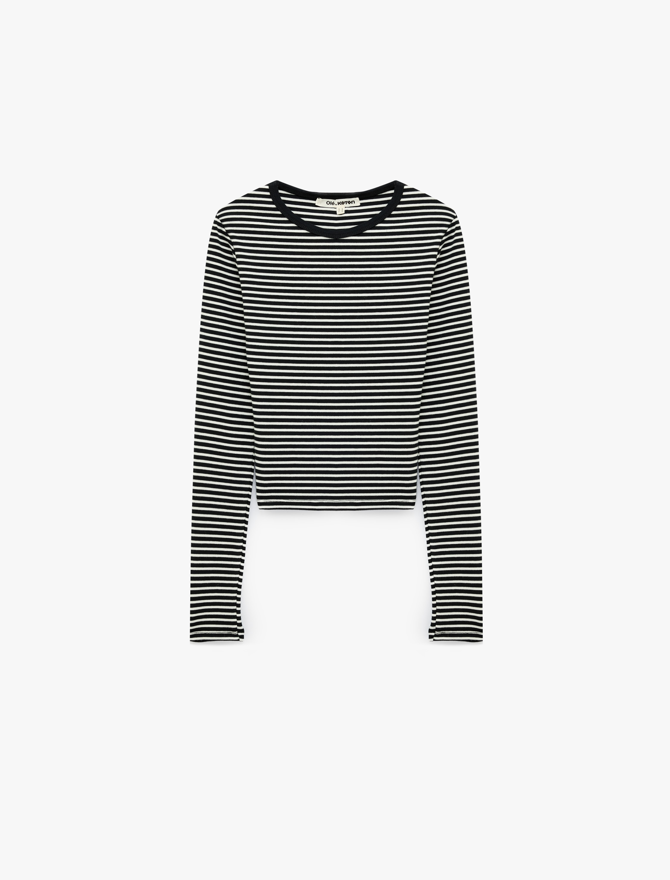   Slim Fit Pamuklu Çizgili Bisiklet Yaka Uzun Kollu Tişört