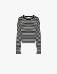 Slim Fit Pamuklu Çizgili Bisiklet Yaka Uzun Kollu Tişört