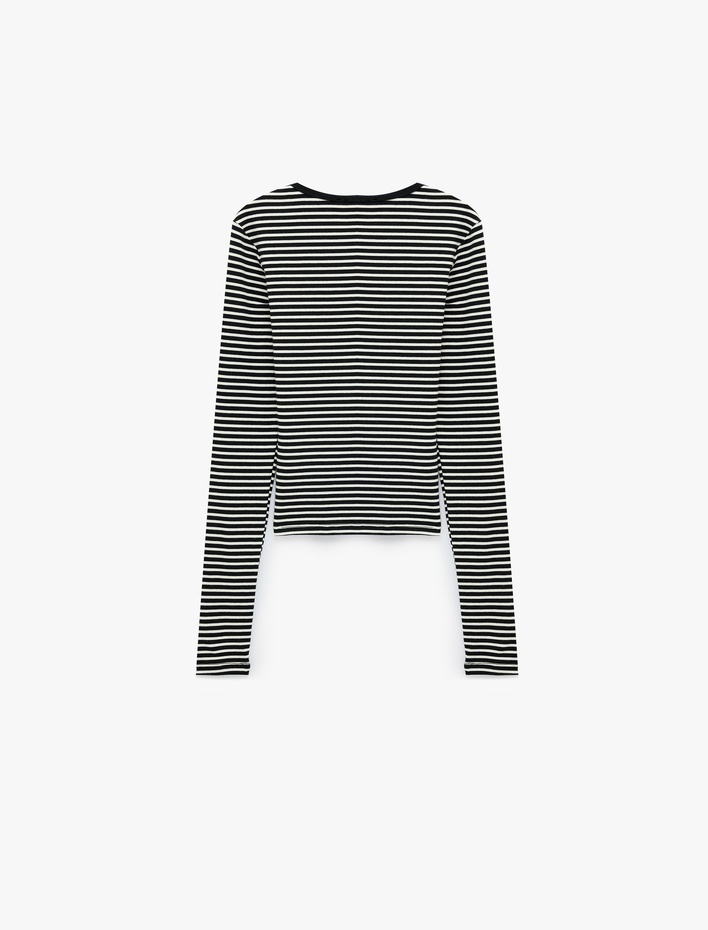  Slim Fit Pamuklu Çizgili Bisiklet Yaka Uzun Kollu Tişört
