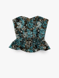 Slim Fit Kalp Yaka Kolsuz Çiçekli Peplum Korse Büstiyer Bluz