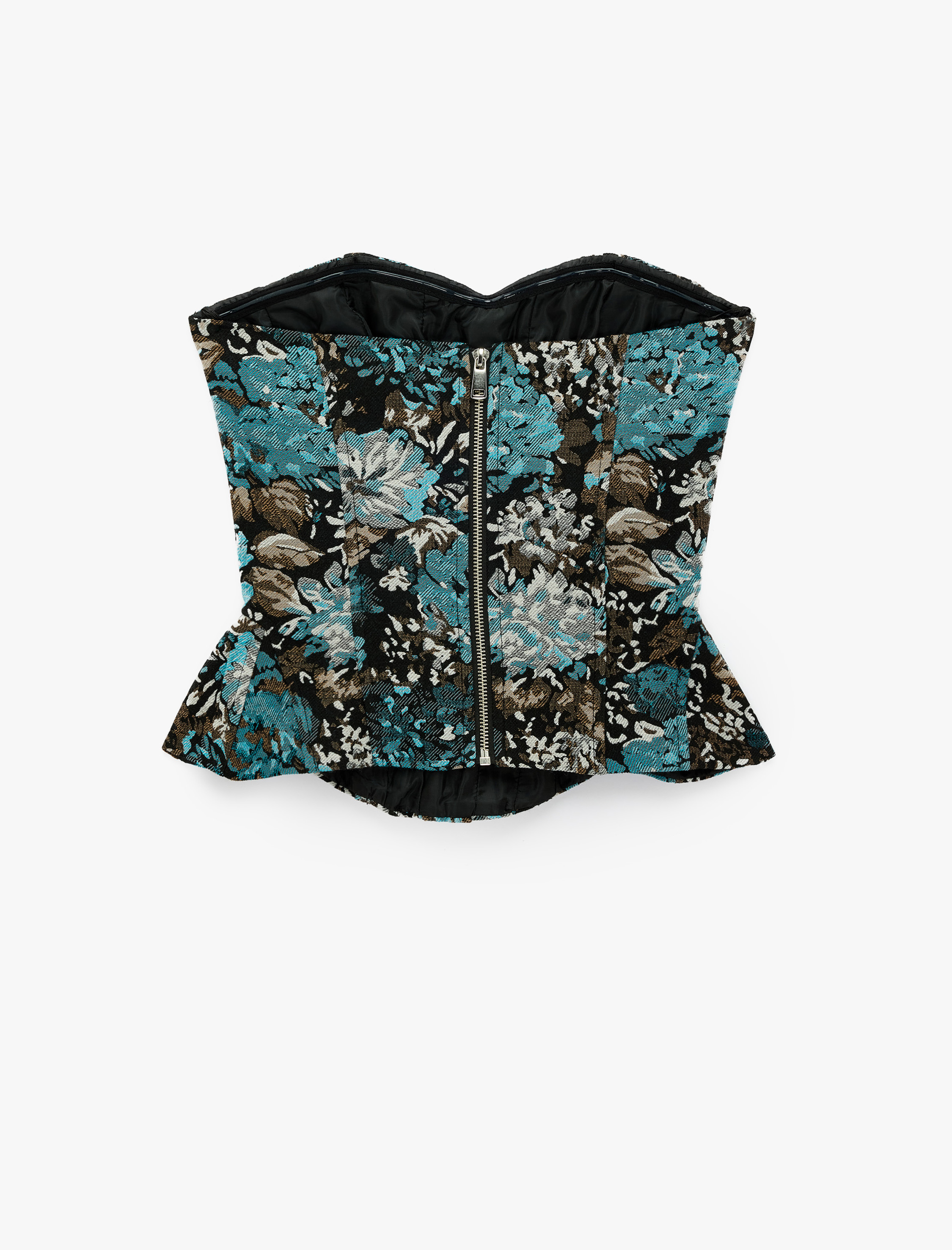   Slim Fit Kalp Yaka Kolsuz Çiçekli Peplum Korse Büstiyer Bluz