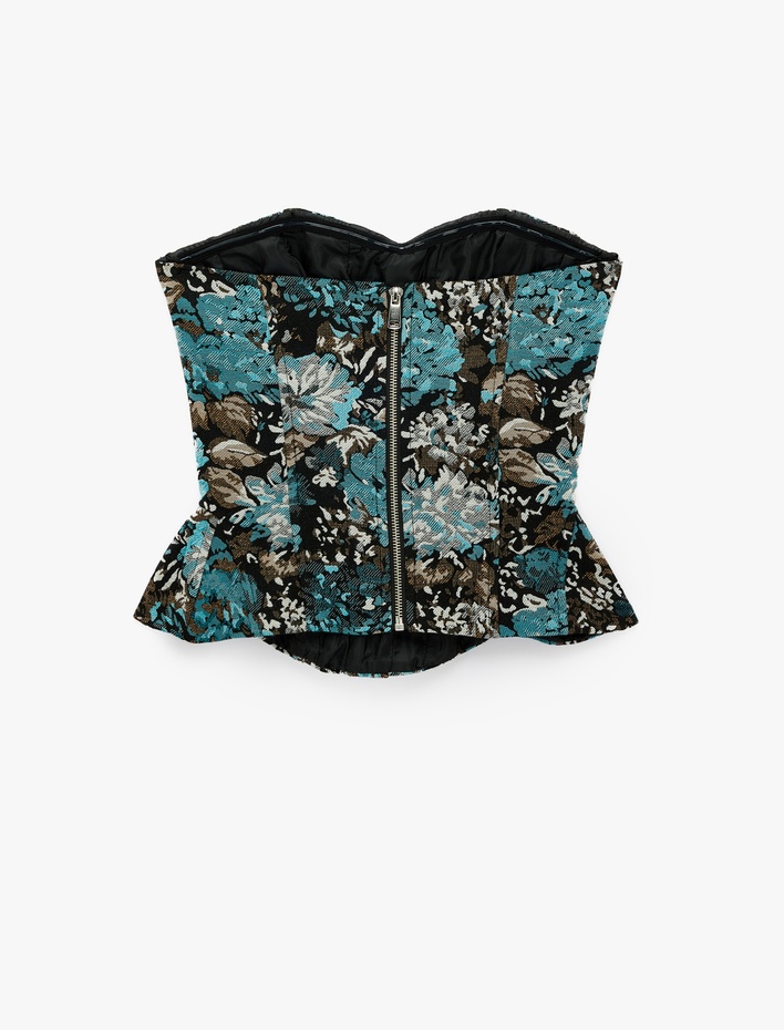  Slim Fit Kalp Yaka Kolsuz Çiçekli Peplum Korse Büstiyer Bluz
