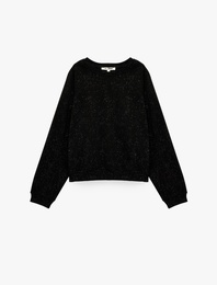 Simli Şardonlu Rahat Kalıp Reglan Kollu Bisiklet Yaka Sweatshirt