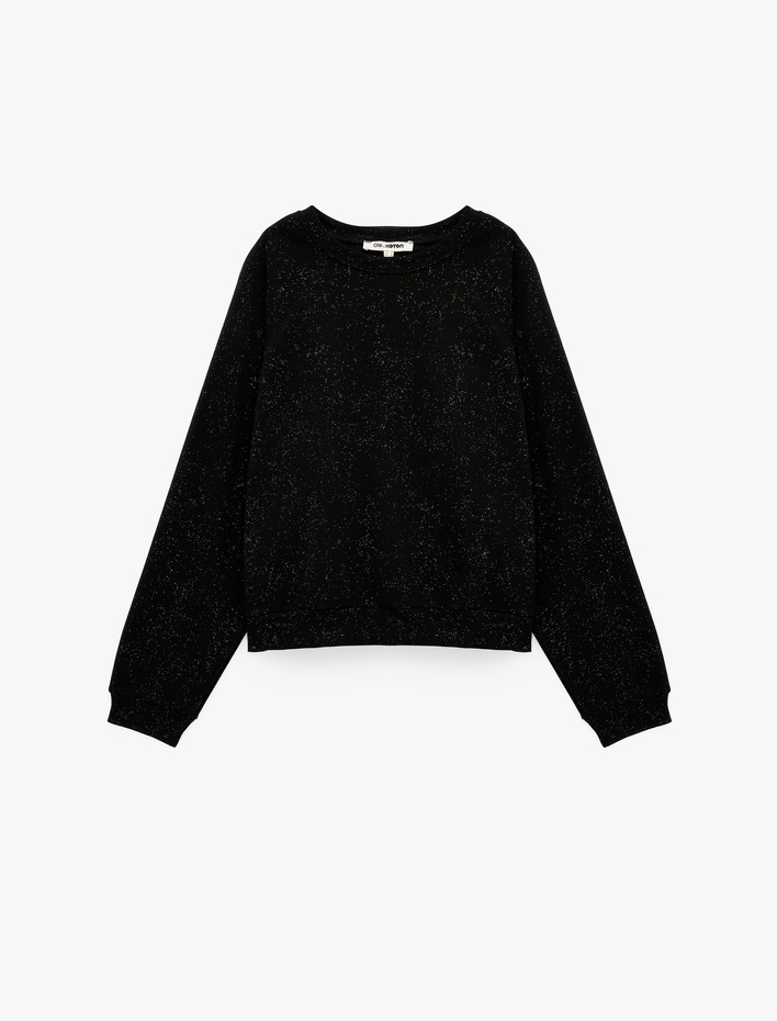  Simli Şardonlu Rahat Kalıp Reglan Kollu Bisiklet Yaka Sweatshirt