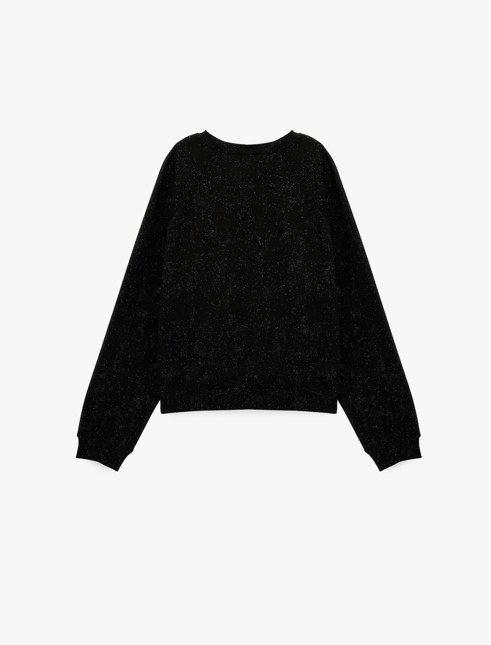  Simli Şardonlu Rahat Kalıp Reglan Kollu Bisiklet Yaka Sweatshirt