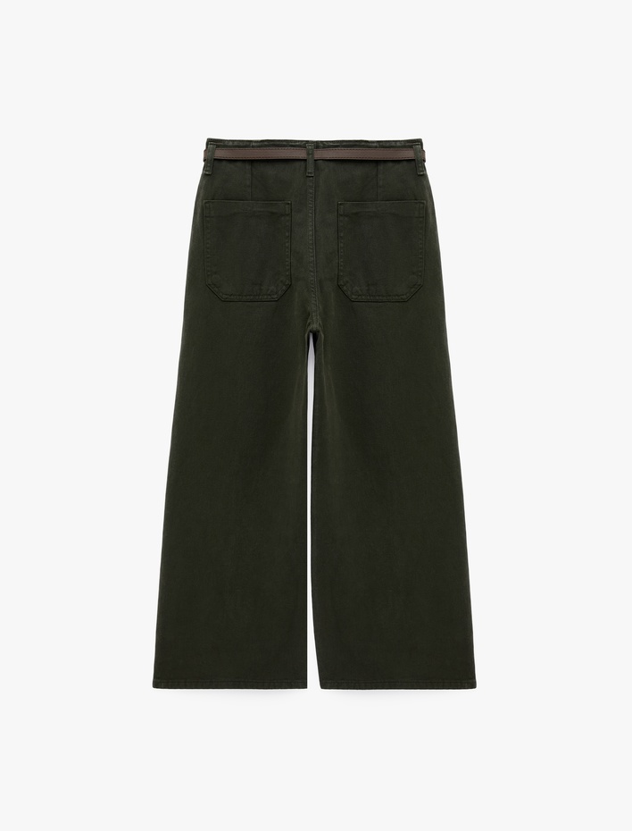  Kemer Detaylı Pamuklu Kısa Geniş Paça Pantolon - Wide Leg Jeans