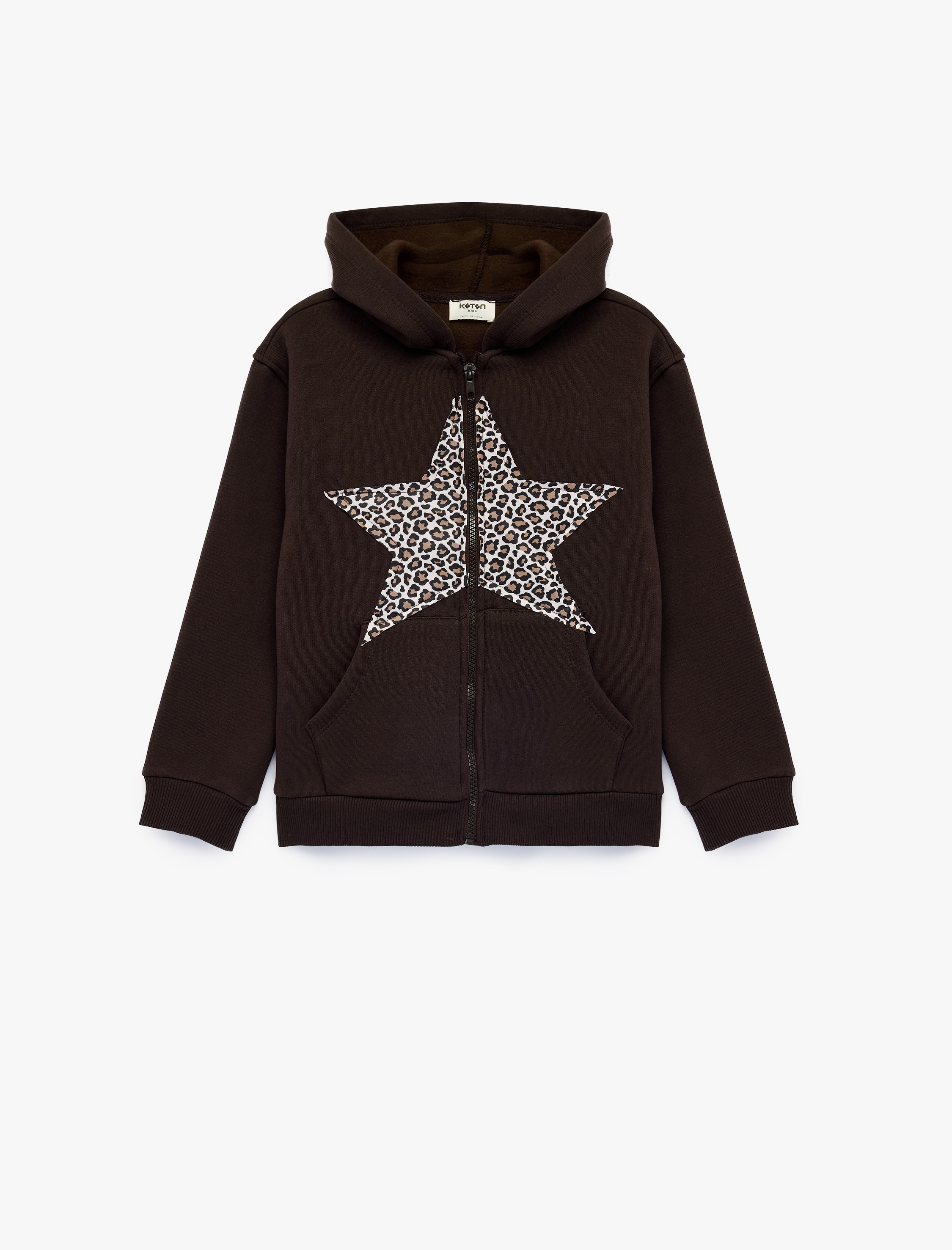  Kız Çocuk Fermuarlı Kapşonlu Uzun Kollu Şardonlu Leopar Desenli Yıldız Baskılı Sweatshirt